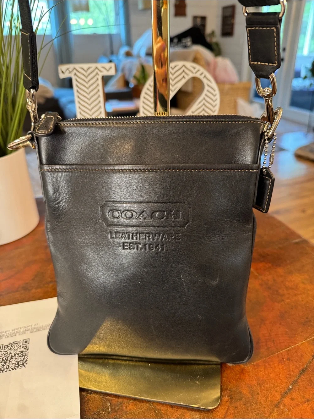 Coach Black Leather Messenger Crossbody Bag w/COA